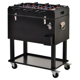 Outsunny 68QT Patio Cooler Ice Chest with Foosball Table Top, Portable Poolside Party Bar Cold Drink Rolling Cart on Wheels with Tray Shelf